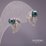 Xuping Earrings with Mallorca Pearls, Black Color, 16x14 mm, Rhodium-Plated