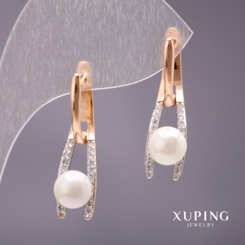 Xuping Earrings with Mallorca Pearls, White, 28×8 mm, 18K Gold Plating