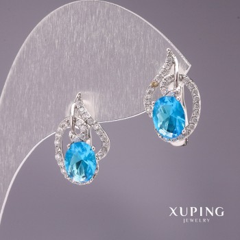 Xuping Earrings with Blue Stone, 18×10 mm, Rhodium