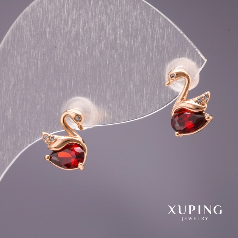 Xuping Swans Stud Earrings with Red Stone, 10x7mm, 18K Gold Plating