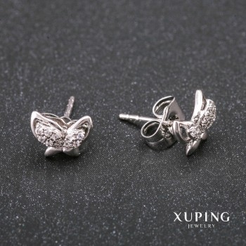 Xuping Butterfly Stud Earrings with Crystals, White Rhodium, 9×7 mm