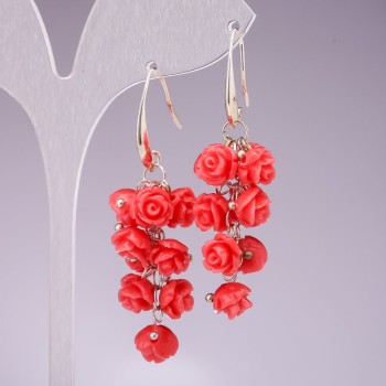 Drop Earrings "Rosary" Coral, polymer clay, silver-tone metal, 55mm
