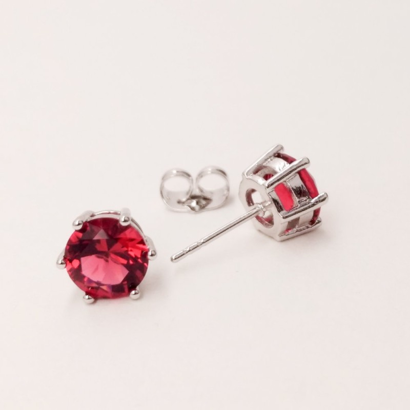 Xuping Crown-Setting Ball Stud Earrings with Red Stone, 8mm Diameter, Rhodium-Plated
