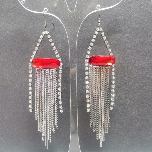 Drop earrings with red oval crystals and chains, 95 x 23 mm