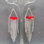 Drop earrings with red oval crystals and chains, 95 x 23 mm