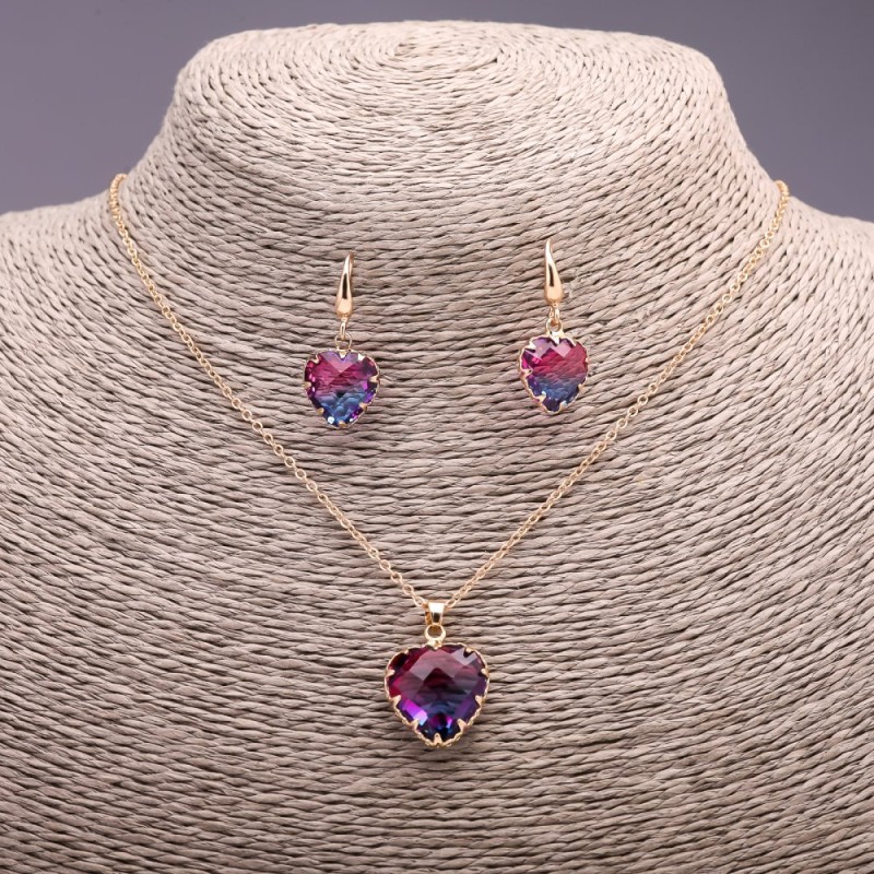 Sale! Heart Set in blue-raspberry color Pendant 19×16 mm and Earrings 27×13 mm, chain length 50 cm