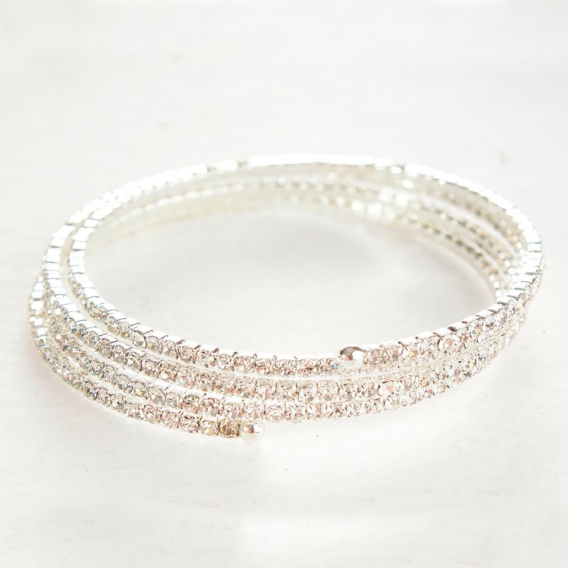 Slim spiral bracelet with three turns, small white crystals, 18-22 cm circumference