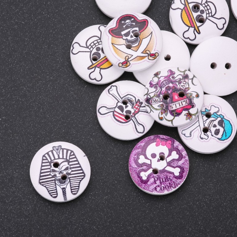 Wooden children's buttons 'Pirate Skulls' white with multicolor skull designs, 20mm, pack of 30