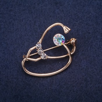 Brooch Stethoscope with crystals, white chameleon color, 37×26 mm, gold-tone metal