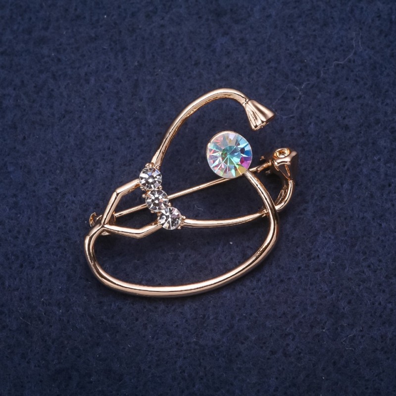 Brooch Stethoscope with crystals, white chameleon color, 37×26 mm, gold-tone metal