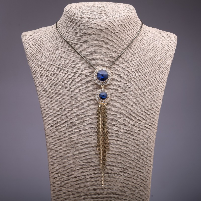 Pendant with blue crystals on a long chain, metal "black gold", diameter 24x140 mm, length 75-80 cm