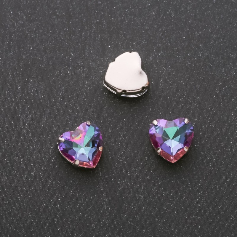 Price per pack / 10 pcs. Sewn-in crystal on pin Heart 12mm Green-Raspberry