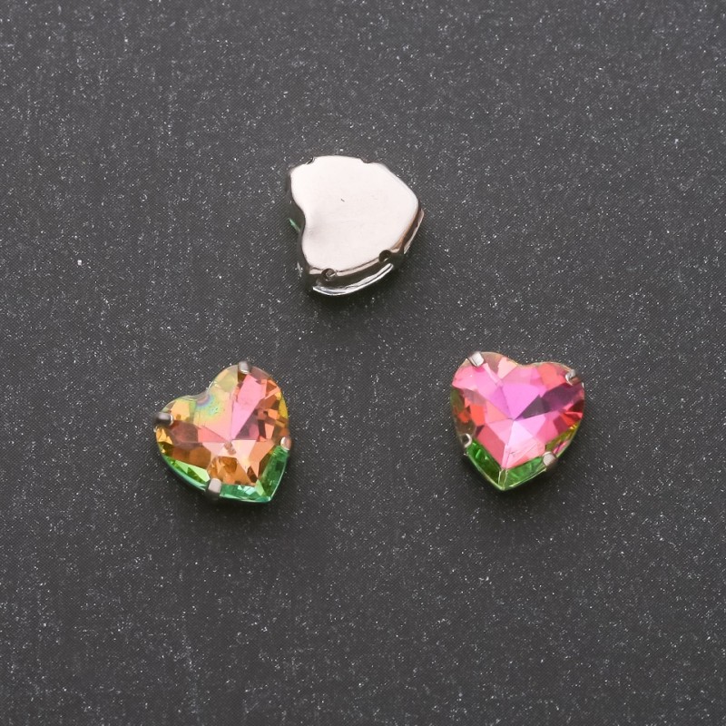 Price per pack / 10 pcs. Sew-on Heart Crystal on Pin 12mm Pink-Green