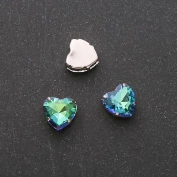 Price per pack / 10 pcs. Sew-on crystal in a heart-shaped prong setting, 10mm green-blue