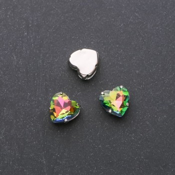 Price per pack / 10 pcs. Heart-shaped pink-green sew-on crystal with cap, 10mm