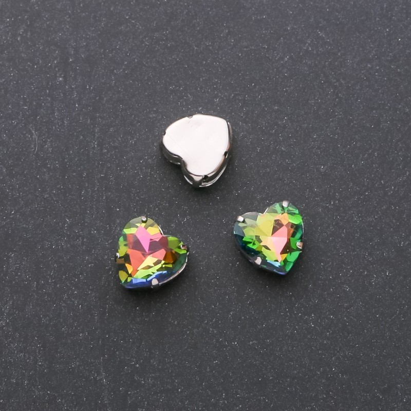 Price per pack / 10 pcs. Heart-shaped pink-green sew-on crystal with cap, 10mm