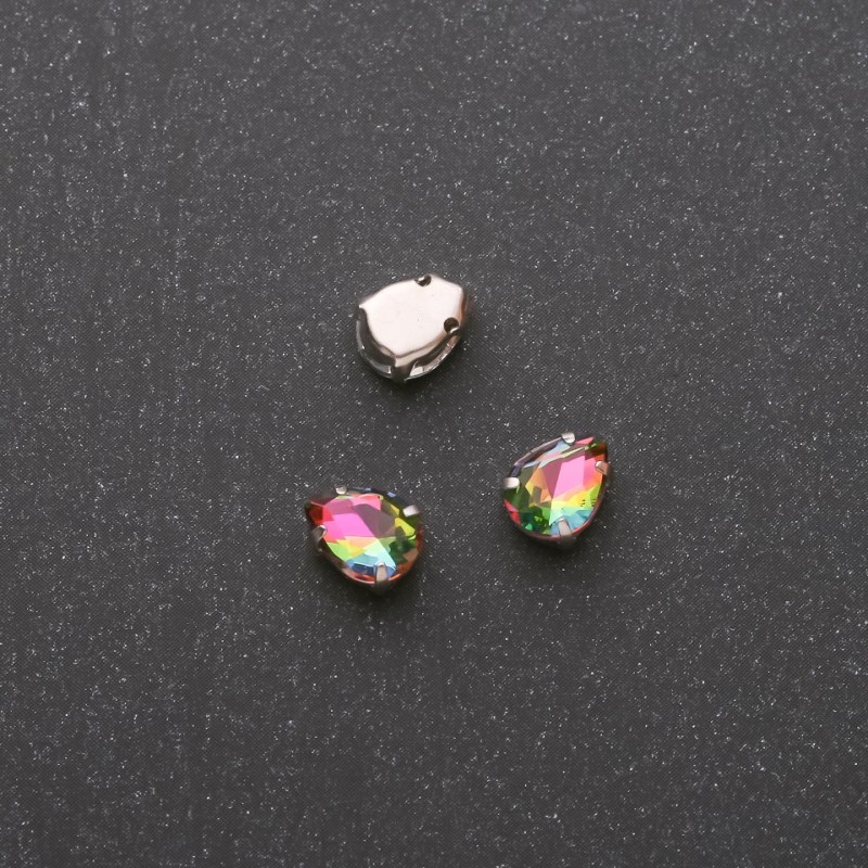 Price per unit / 10 pcs. Sew-on crystal in drop-shaped cap, 6x8mm, green-pink