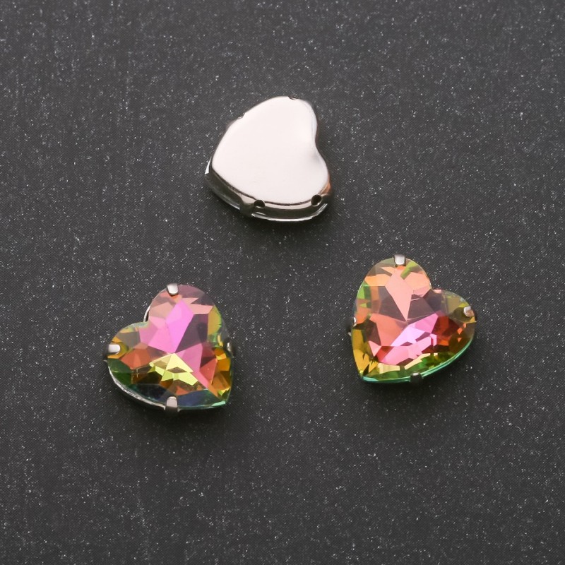 Price per pack / 10 pcs. Sew-on crystal in prong setting, Heart 14 mm, green-raspberry