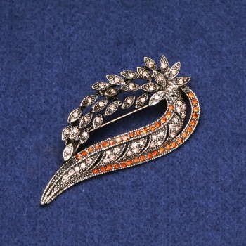 Sale! Flower Brooch with Crystals in Gold-Tone Metal 38×72 mm