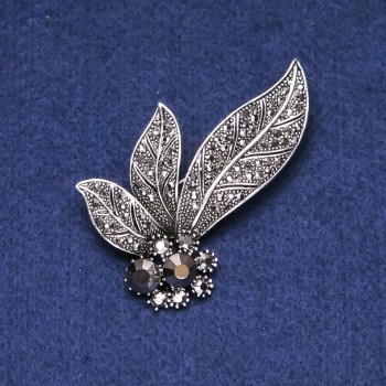 Sale! Leafy Brooch with Crystals, Gray Metal, 60mm