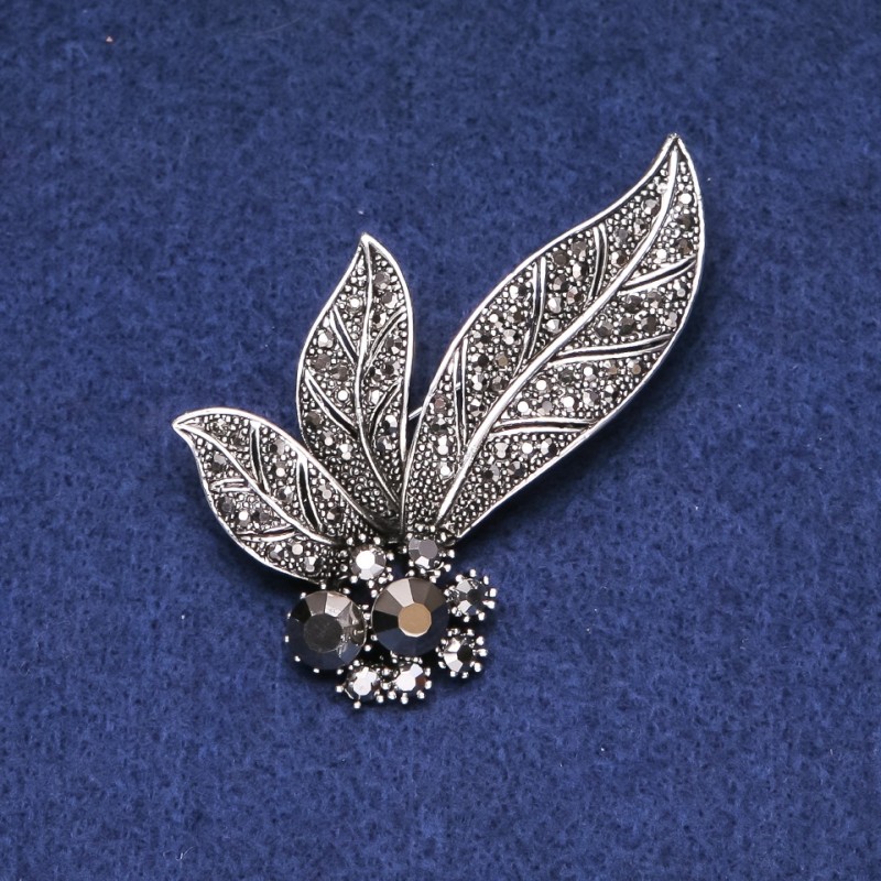 Sale! Leafy Brooch with Crystals, Gray Metal, 60mm