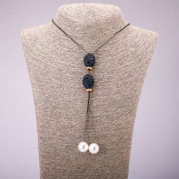 Tie-bar pendant with blue crystals on a long metal chain 'black gold', diameter 16x48 mm, length 70 cm