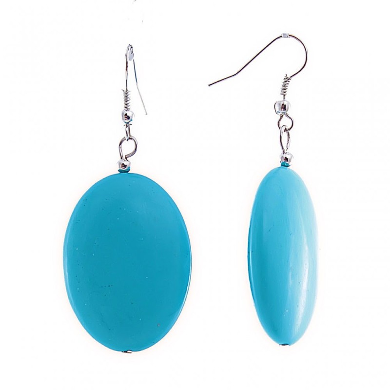 Drop earrings with oval smooth cabochons in turquoise, 24x34 mm