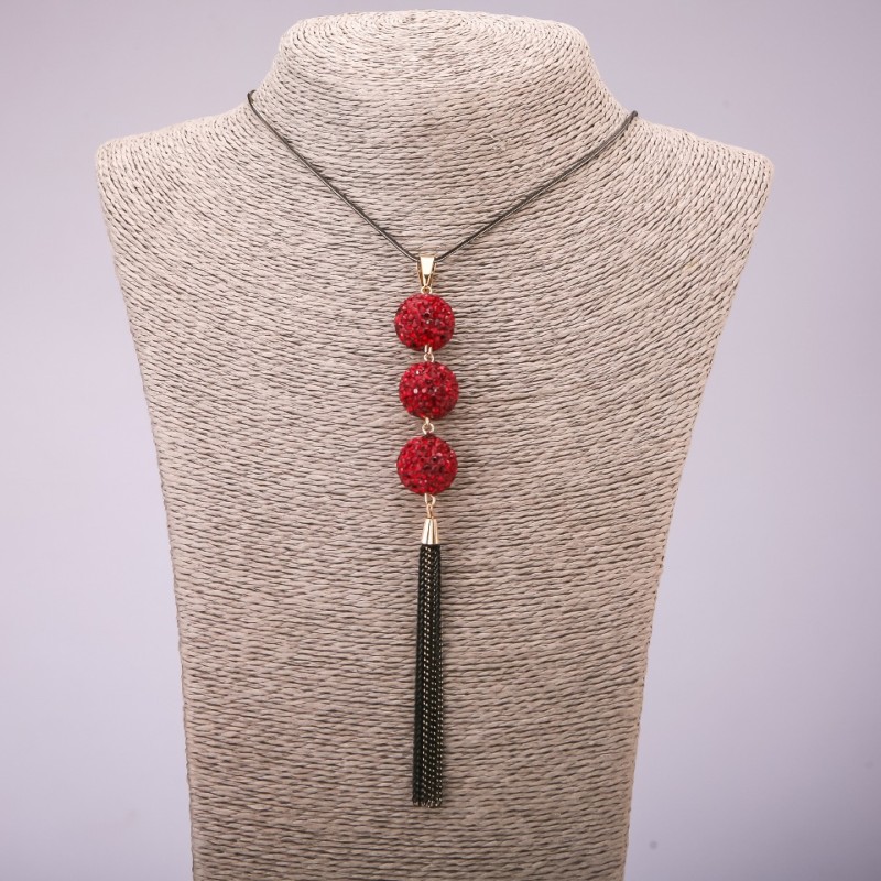 Pendant 'Trio' with red crystals on a long chain, metal 'black gold', diameter 16x155 mm, length 70 cm