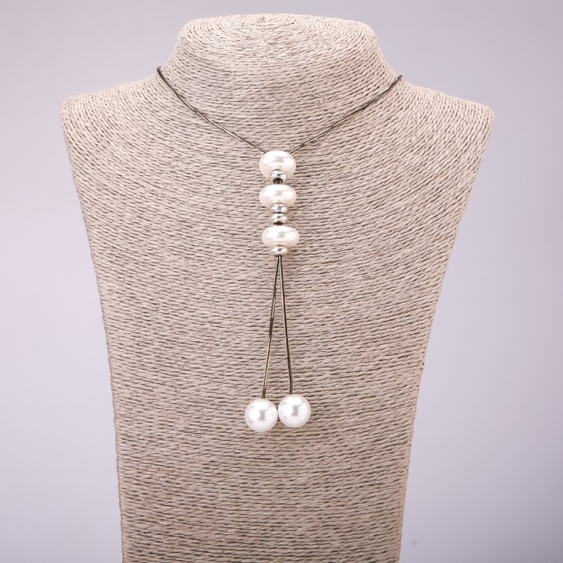 Tie Pendant with Pearls on a Long Metal Chain 'Black Gold', Diameter 16x40 mm, Length 70 cm