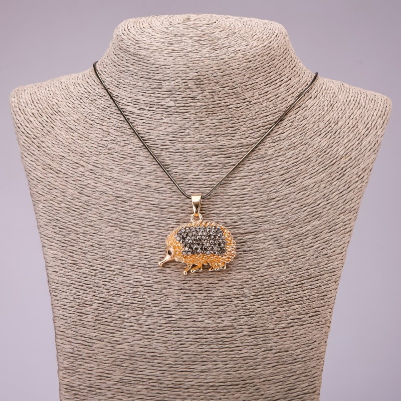 Pendant "Hedgehog" with black crystals on a long chain; metal "black gold", diameter 30×39 mm, length 70 cm