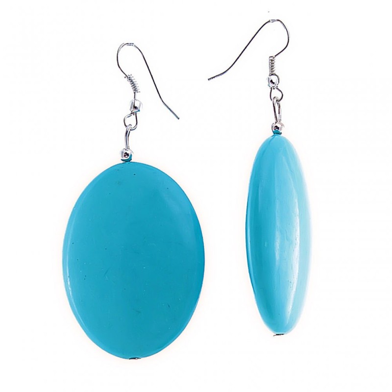 Drop earrings with oval smooth cabochons in turquoise, 65×40 mm