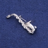 Saxophone Brooch with Crystals, Silver Metal, 16×45 mm