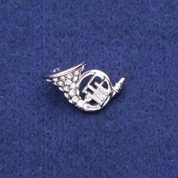 Brooch French Horn with Crystals Silver-Toned Metal 16x27mm