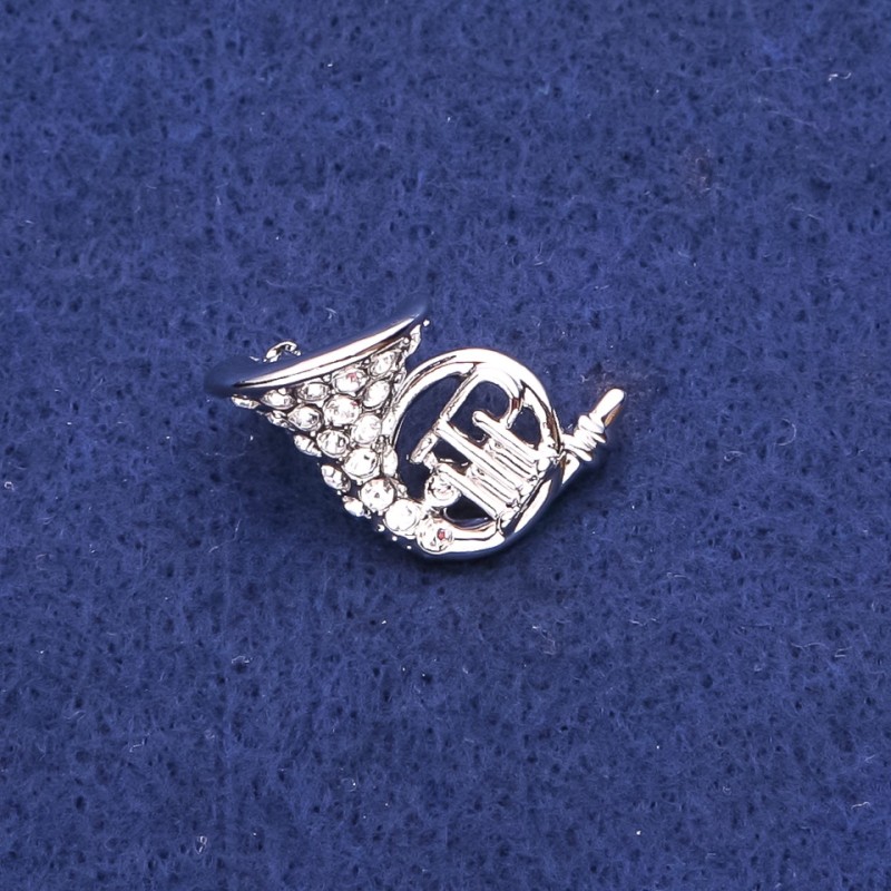 Brooch French Horn with Crystals Silver-Toned Metal 16x27mm