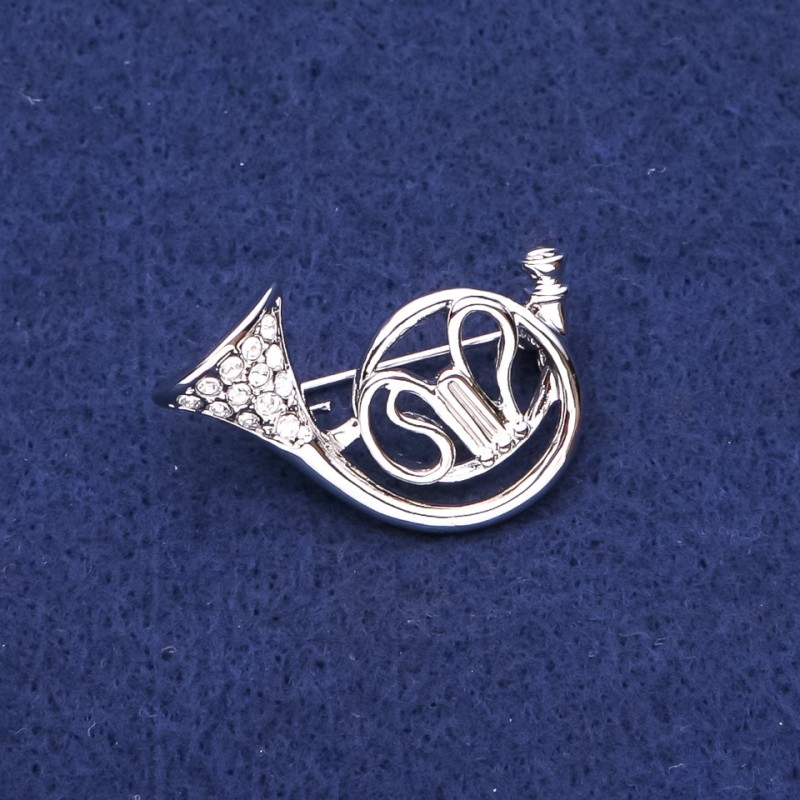 Brooch 'French Horn with Crystals' Silver-Toned Metal