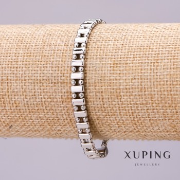 Xuping bracelet with double weave 'dot dash', 6mm thick, 18cm long rhodium