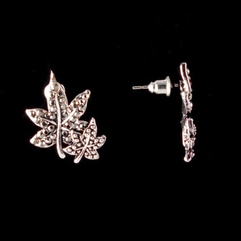 Stud Earrings Maple Leaf, dark crystals, silver-tone metal, 20mm