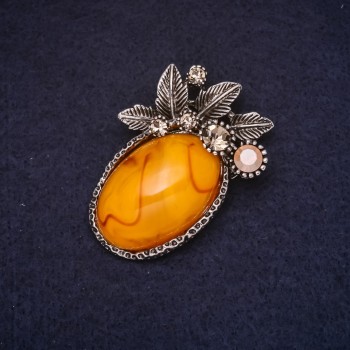 Amber Brooch (Imitation) 45x31 mm, Yellow with Silvery-Gray Metal