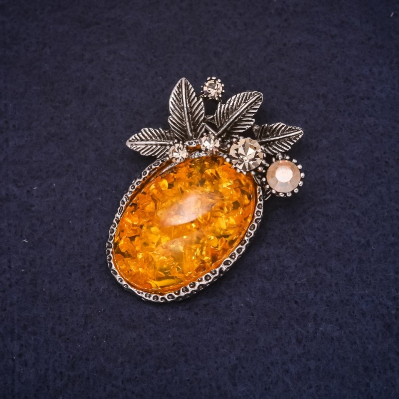 Amber Brooch (Imitation) 45x31mm, yellow color, silver-toned metal