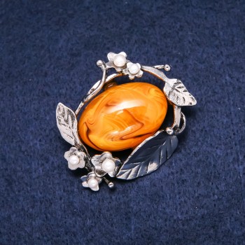 Amber Imitation Brooch, 47x38 mm, Yellow Color, White Metal, Silver-Tone