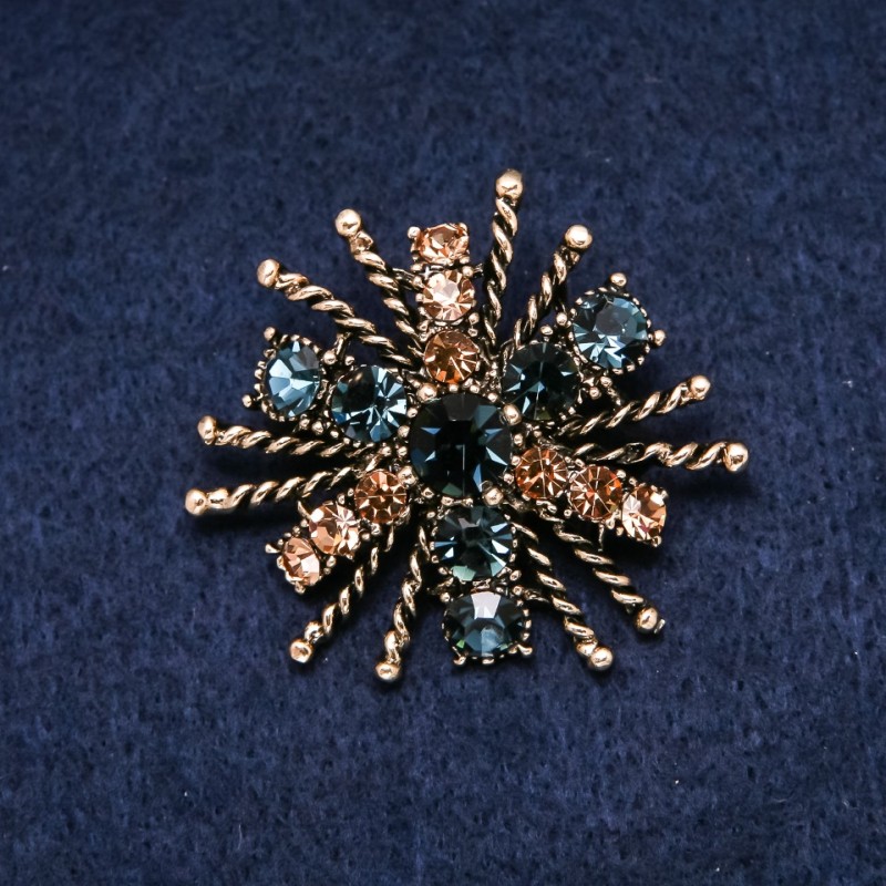 Brooch 'Order of Beauty' 45×40 mm crystals, yellow and blue, gold-tone metal