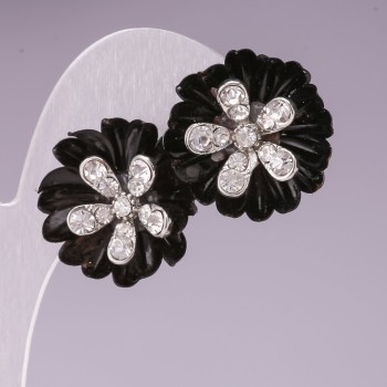 Stud Earrings 'Black Chrysanthemums' with Rhinestones