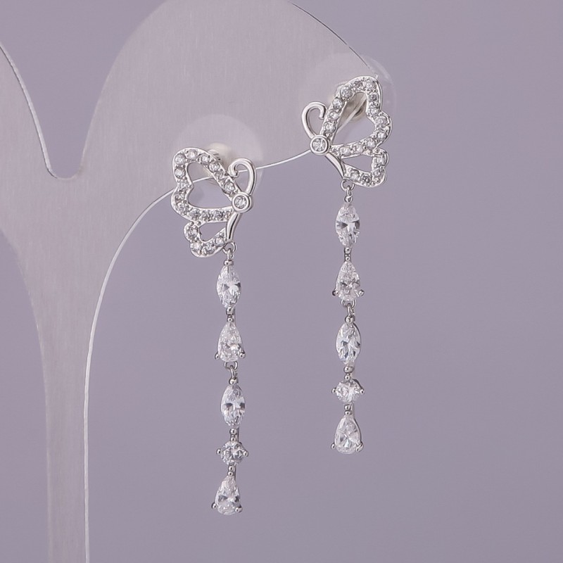 Butterfly Stud Earrings with White Crystals, Silver Metal 11x40mm