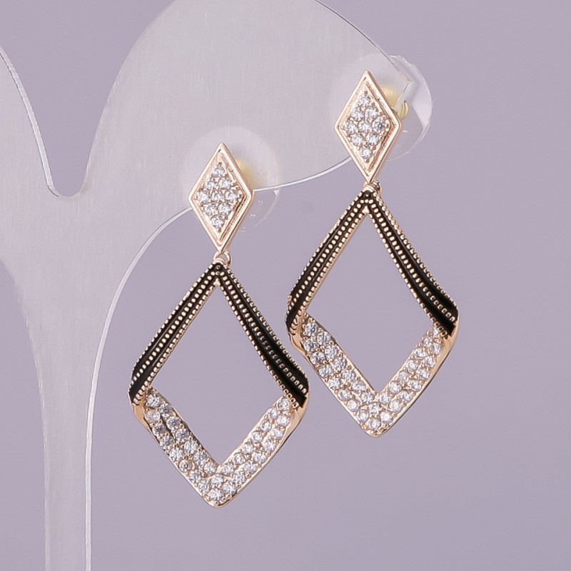Rhombi Stud Earrings with Crystals in Gold-Tone Metal 20x39mm