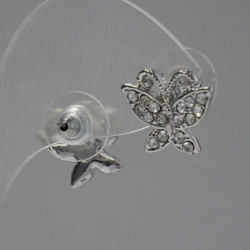 Butterfly stud earrings 'Butterflies', white crystals, silver-tone metal, 1.5 cm