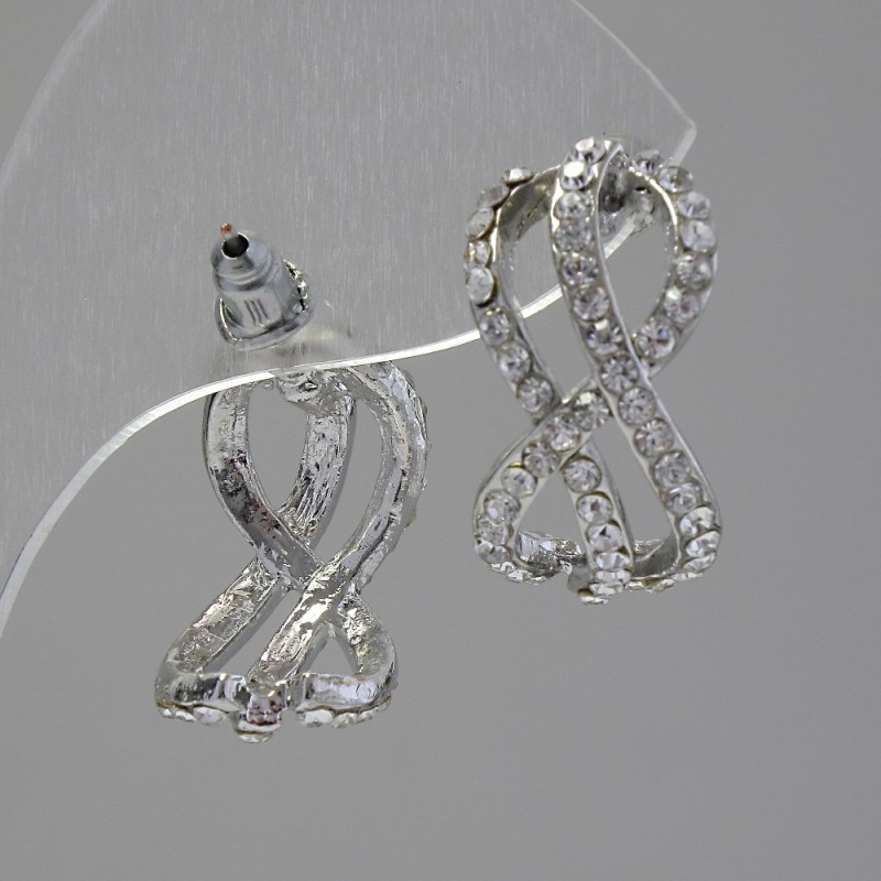 Infinity stud earrings, white crystals, silver-plated metal, 2 cm