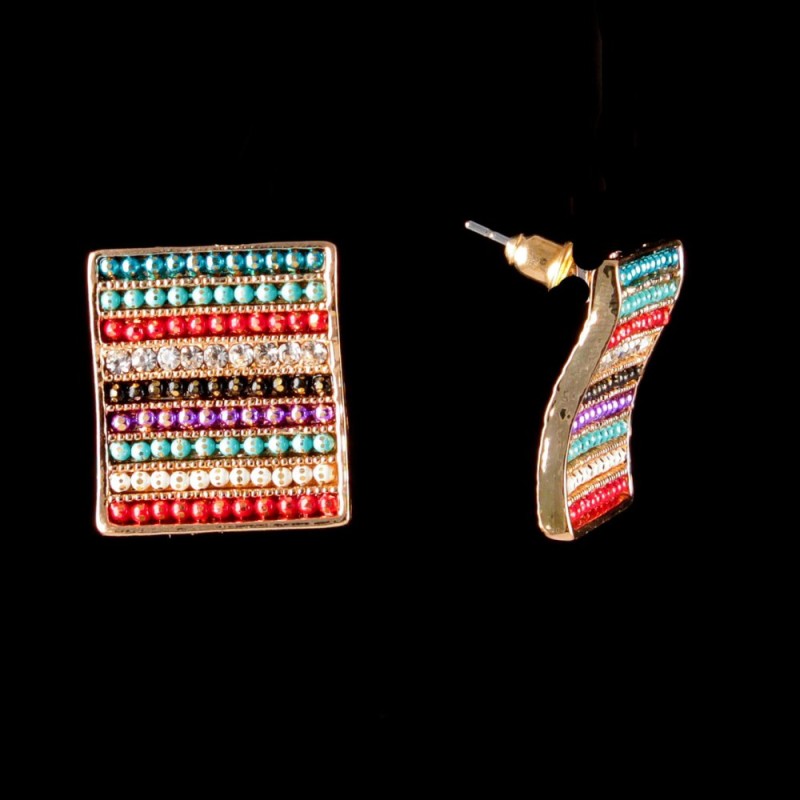 Square Stud Earrings, Colored Rhinestones, Gold-Tone Metal, 20 mm