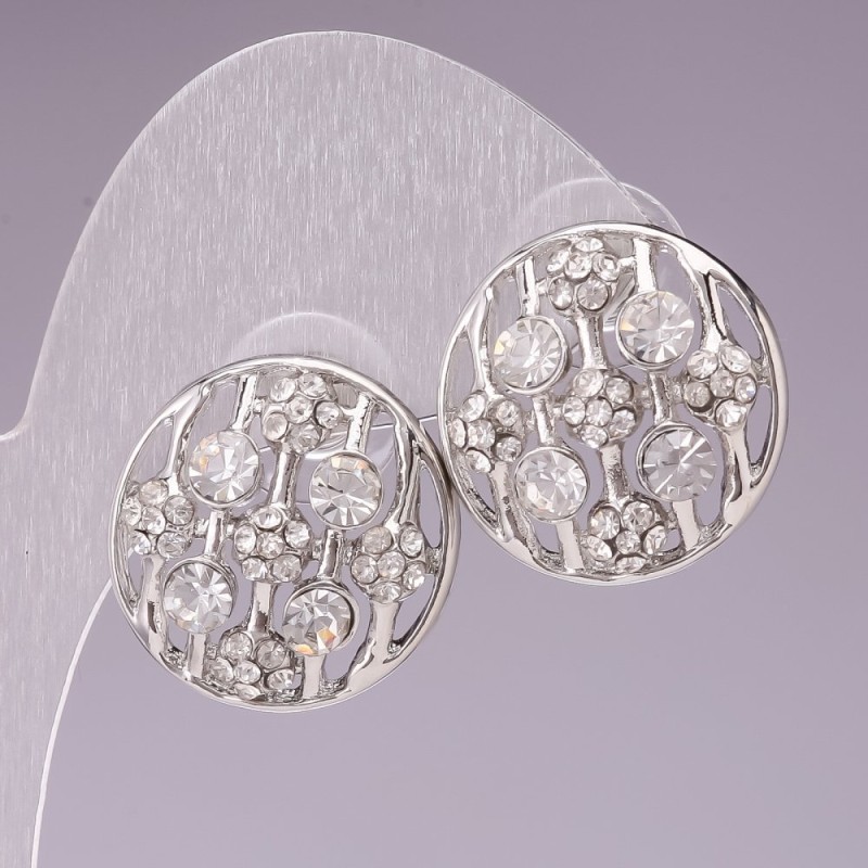Silver-plated Circle with White Rhinestones Stud Earrings, 2 cm