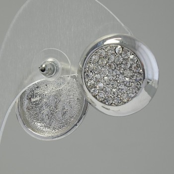 Circle Stud Earrings, White Crystals, Silver-Tone Metal, 2 cm