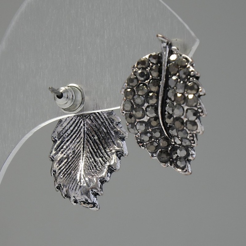 Leaf Stud Earrings, dark crystals, silver-tone metal, 22mm